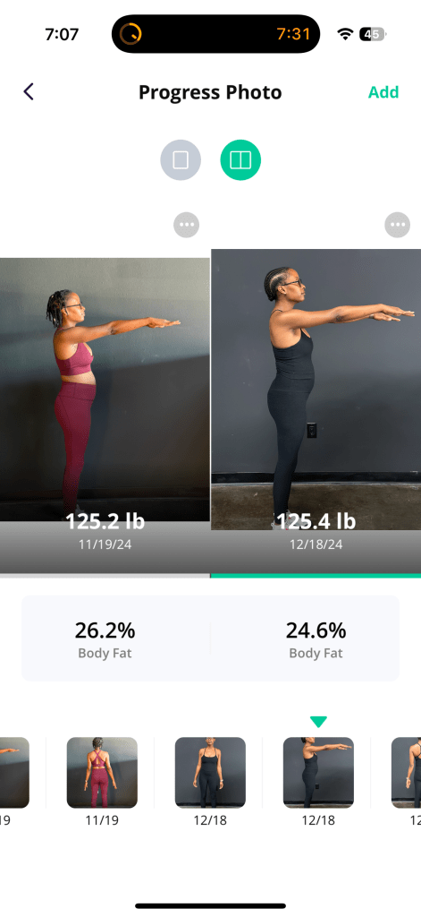 Side-by-side progress photo showing a person before and after a fitness journey, with changes in body composition and posture.