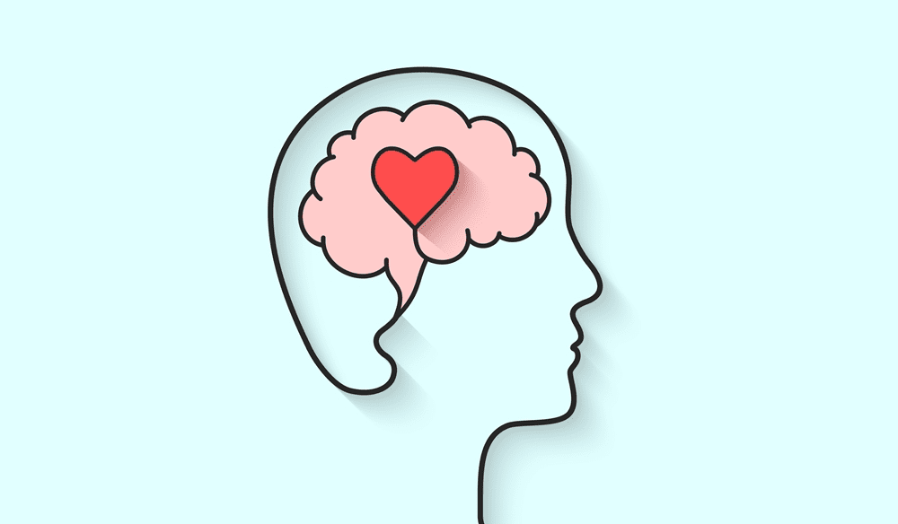 Illustration of a side profile of a human head with a brain and a heart symbol inside, representing the connection between the mind and emotions.