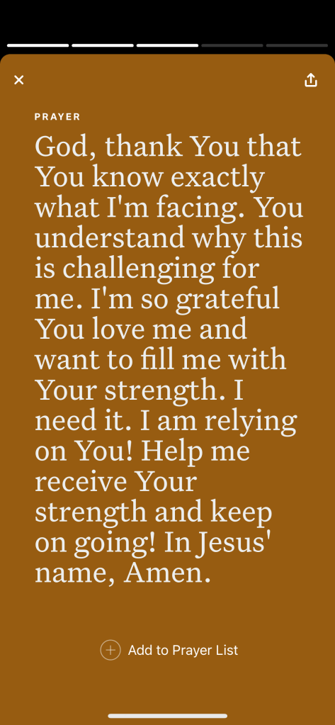A prayer displayed on a brown background expressing gratitude and a plea for strength from God during challenging times.
