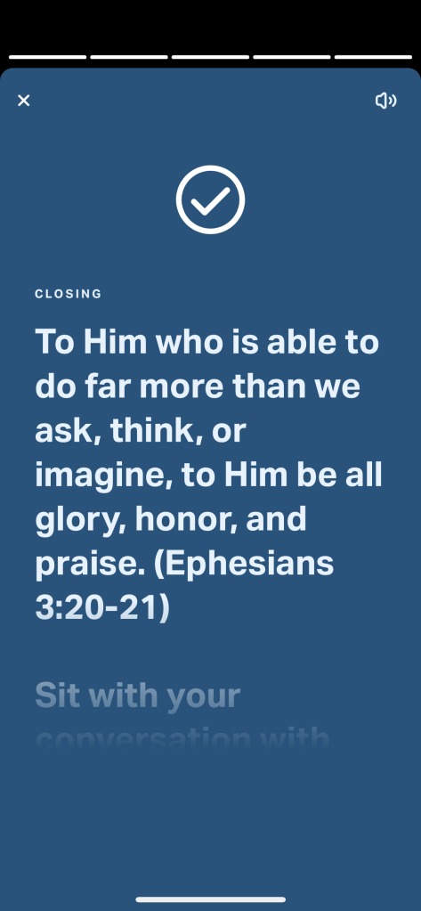 A blue background with white text displaying a biblical quote from Ephesians 3:20-21, discussing the idea of God's ability to do more than we can imagine, accompanied by a prompt to reflect on a conversation.