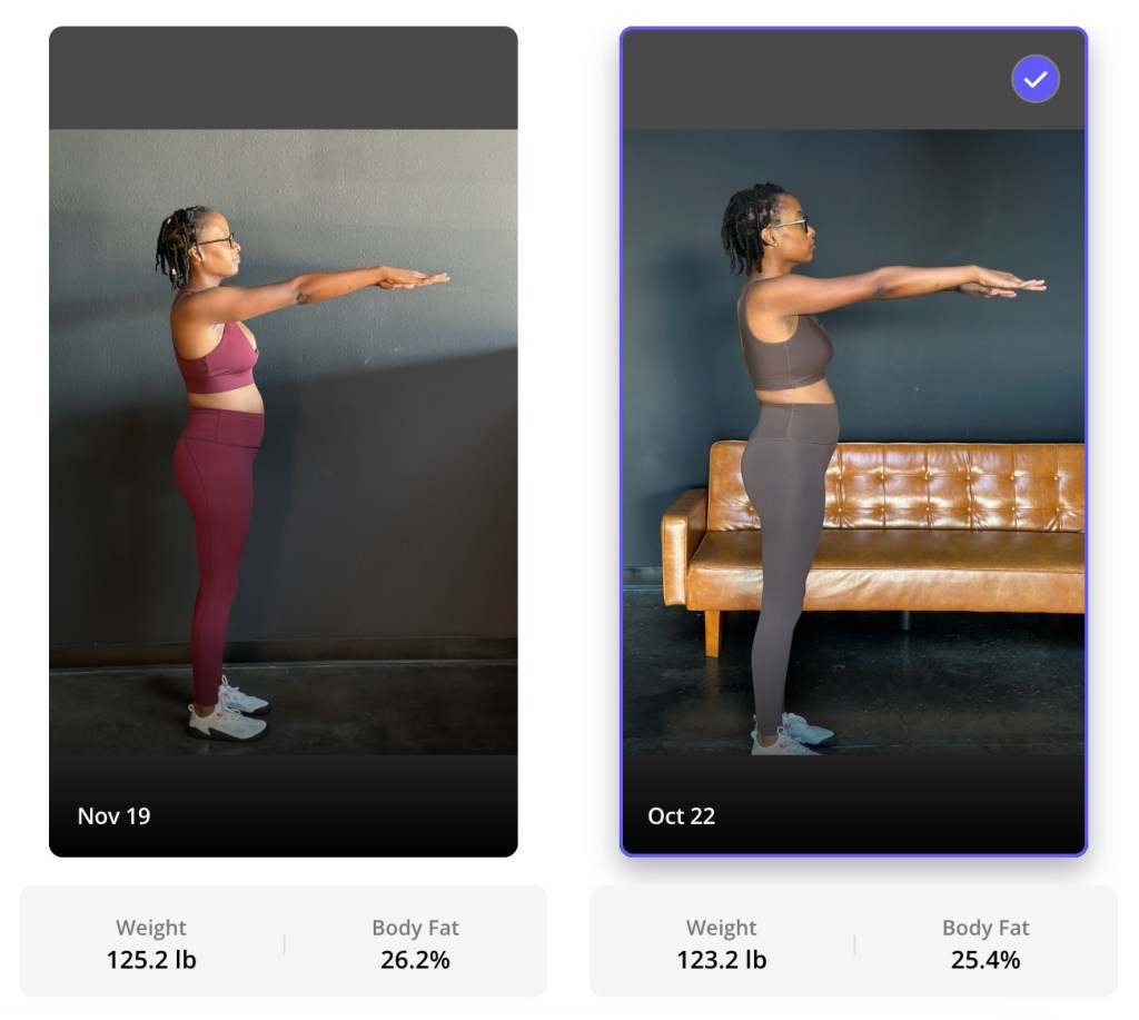 A side-by-side comparison of two photos of a person, showing their progress in fitness. The left image, taken on Nov 19, features the person wearing a maroon sports outfit, weighing 125.2 lbs with a body fat percentage of 26.2%. The right image, taken on Oct 22, shows the person in a brown sports outfit, weighing 123.2 lbs with a body fat percentage of 25.4%.
