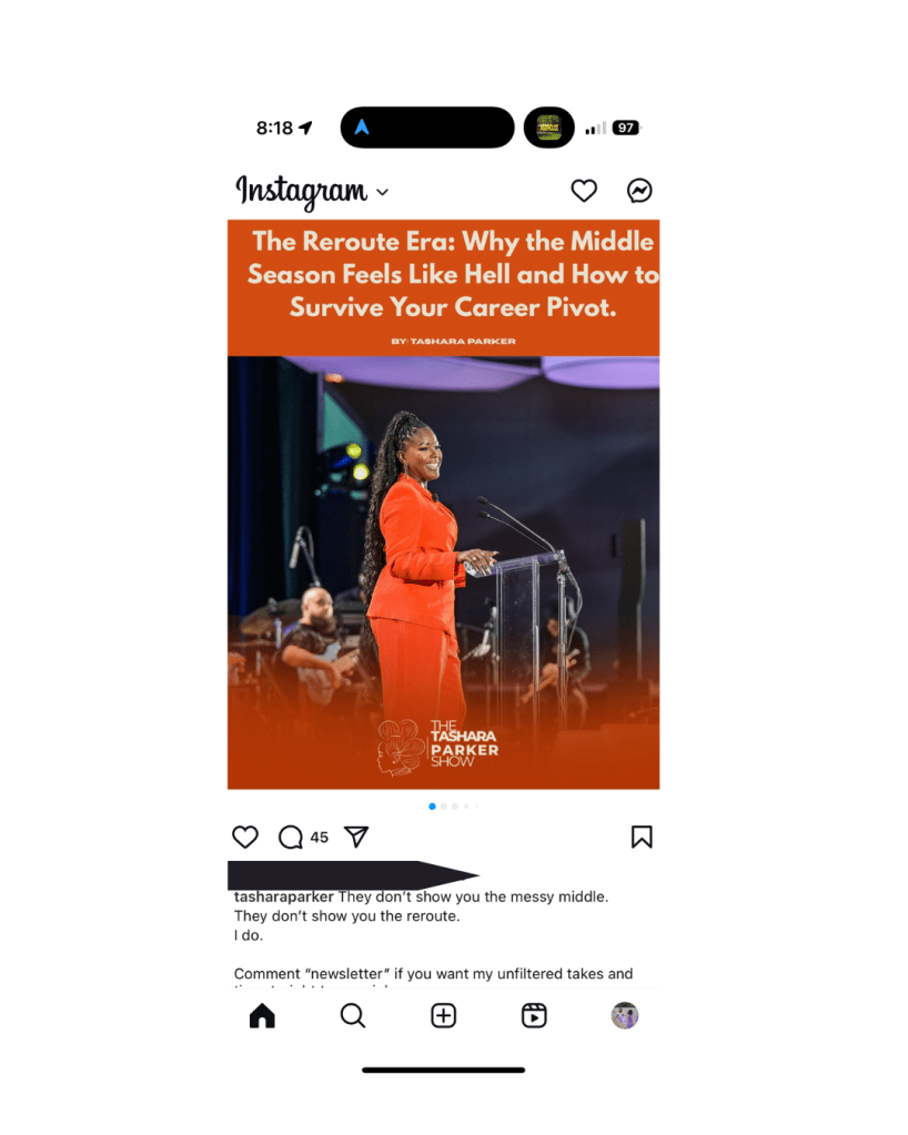 An Instagram post featuring a speaker in front of an audience, discussing career transitions and the challenges of the 'messy middle' during personal growth.