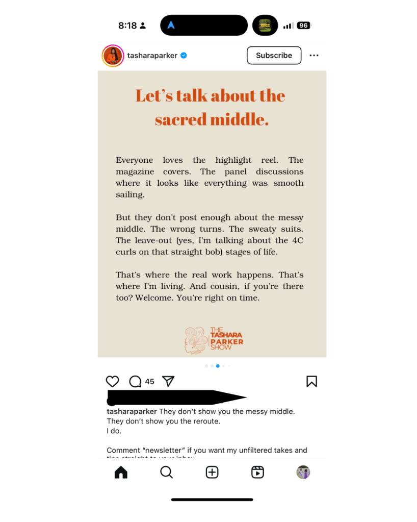 An Instagram post discussing the importance of sharing experiences during challenging times, emphasizing that people often highlight only their successes.