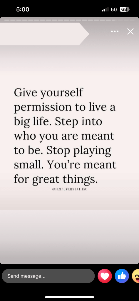 Image containing a motivational quote that reads: 'Give yourself permission to live a big life. Step into who you are meant to be. Stop playing small. You’re meant for great things.'